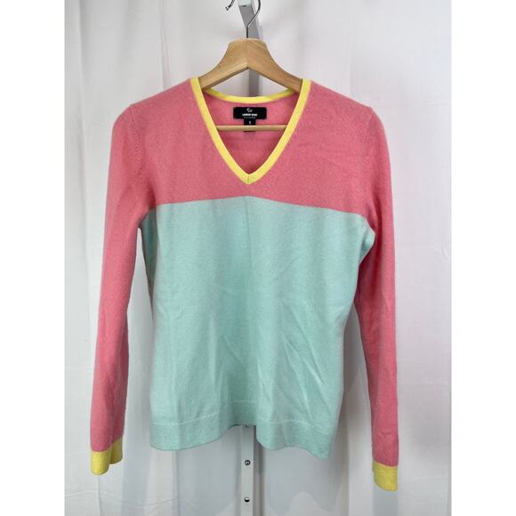 LANDS' END Sz S 100% Cashmere Colorblock V Neck Sweater Pastel Pink Blue Yellow - Picture 1 of 10
